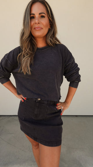 Washed Black Stretch Denim High-Waisted Skirt