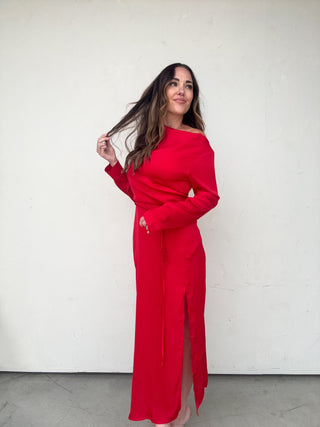 Red Long Sleeve One Shoulder Dress