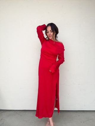 Red Long Sleeve One Shoulder Dress