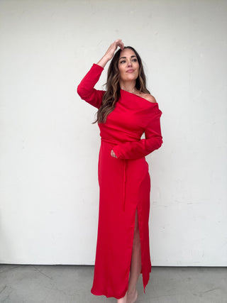 Red Long Sleeve One Shoulder Dress