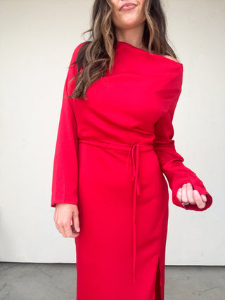Red Long Sleeve One Shoulder Dress