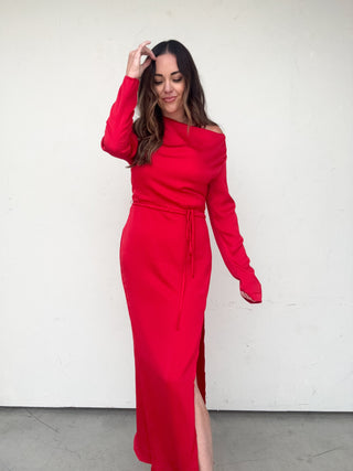 Red Long Sleeve One Shoulder Dress