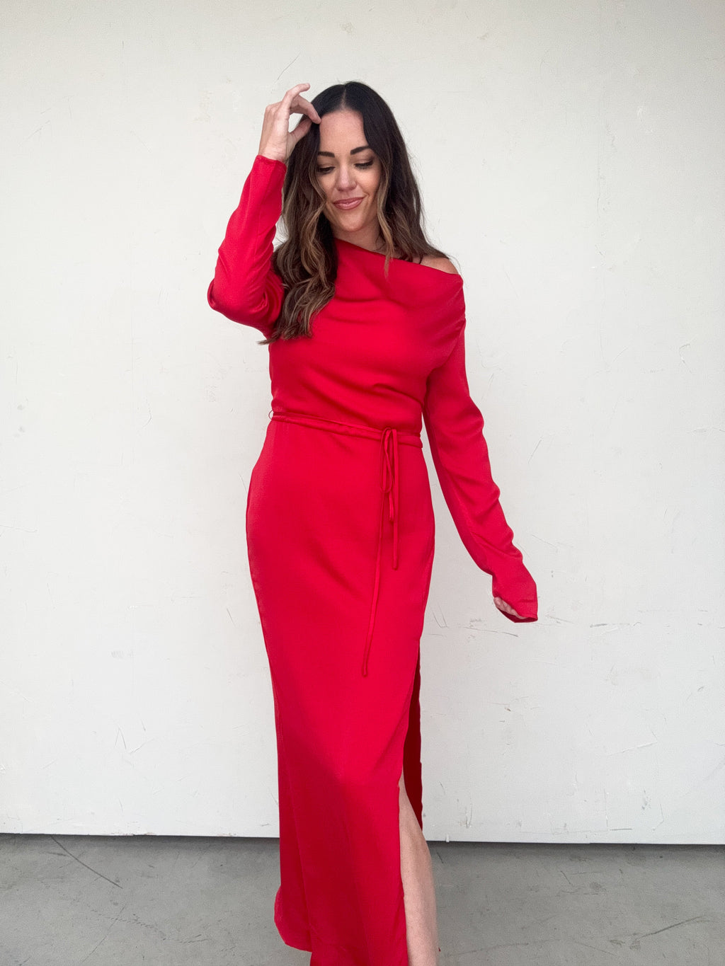 Red Long Sleeve One Shoulder Dress - | COCO The Shop Small