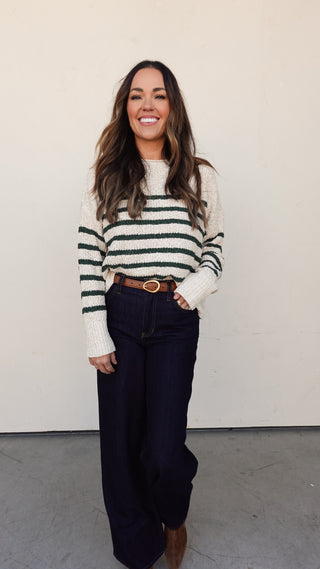 Cream/Green Striped Slouchy Sweater