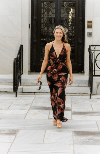 Black/Brown Mesh Halter Maxi Dress