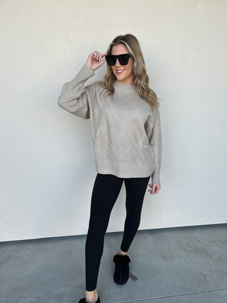 Neutral Argyle-Textured Relaxed Sweater