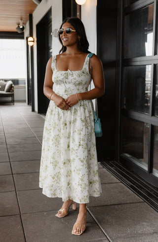 Green Floral Eyelet Midi Dress
