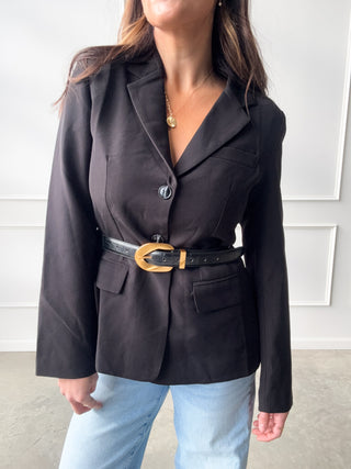 Black Leather Belt with Gold Buckle