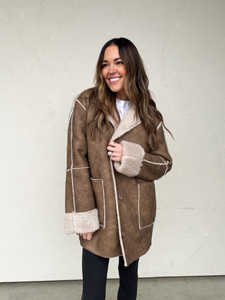 Camel Fur-Lined Faux Leather Coat