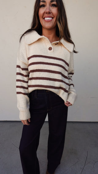 Cream/Brown Striped Button Collar Sweater