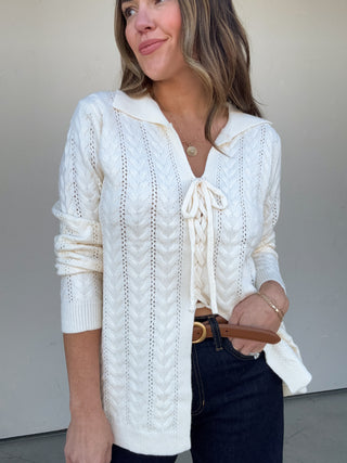Cream Cableknit Lace Up Sweater
