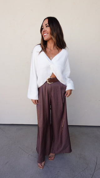 Brown Satin Belted Wide-Leg Pant