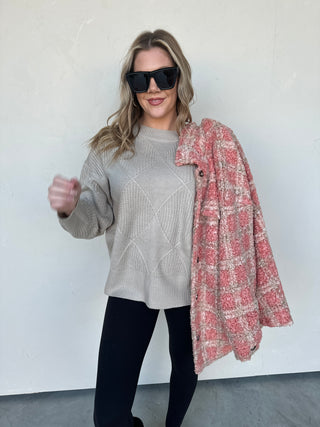 Neutral Argyle-Textured Relaxed Sweater