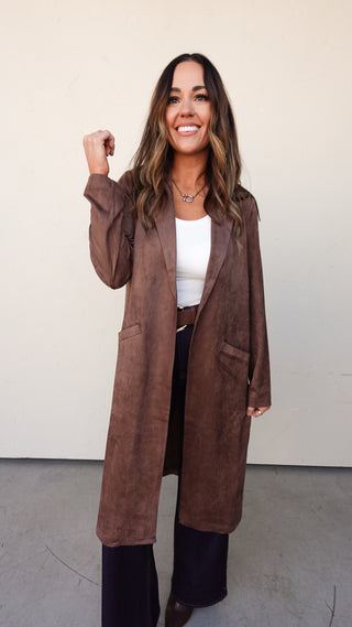 Brown Suede Trench-Style Duster
