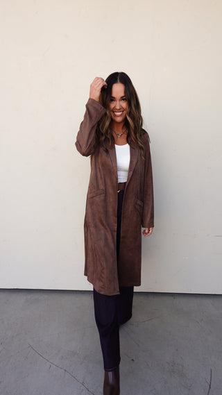 Brown Suede Trench-Style Duster