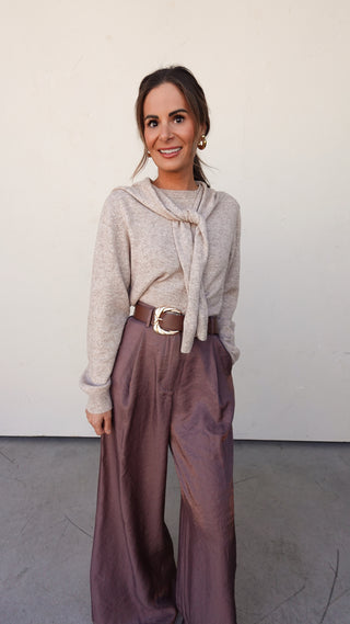 Brown Satin Belted Wide-Leg Pant