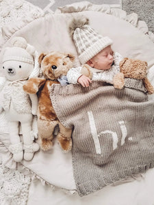 "hi" Knitted Baby Blanket: Pebble