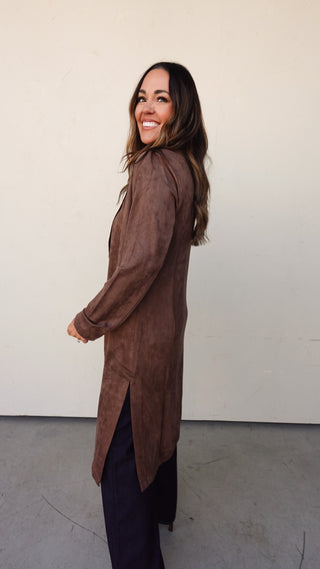 Brown Suede Trench-Style Duster