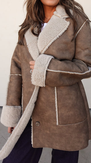 Camel Fur-Lined Faux Leather Coat
