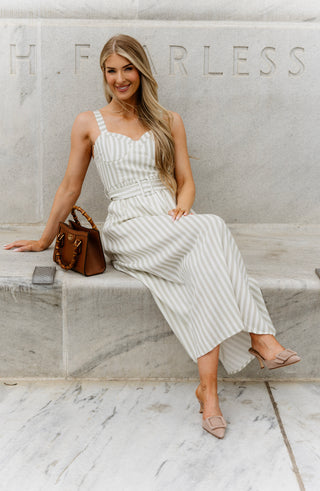 Green Stripe Belted Midi Dress