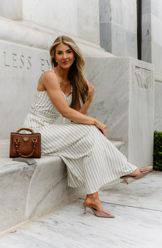 Green Stripe Belted Midi Dress
