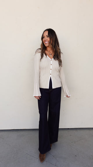 Beige Ribbed Knit Button-Front Top