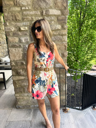 Floral Linen Belted Romper