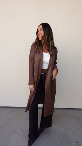 Brown Suede Trench-Style Duster