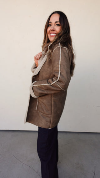 Camel Fur-Lined Faux Leather Coat