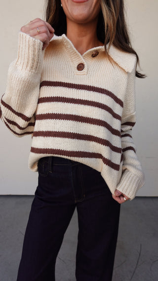 Cream/Brown Striped Button Collar Sweater