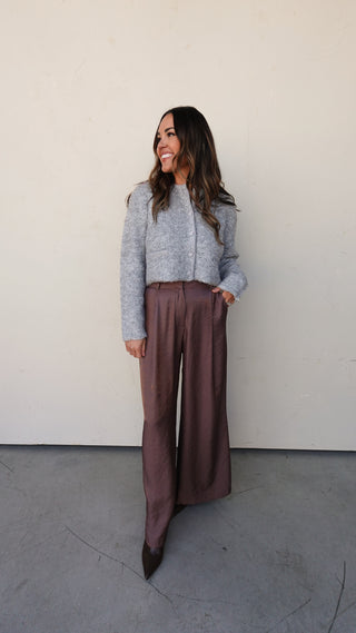 Brown Satin Belted Wide-Leg Pant