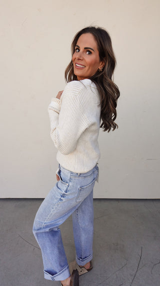 Cream Ribbed V-Neck Sweater