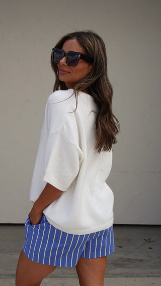 Blue Striped Elastic Waist Shorts