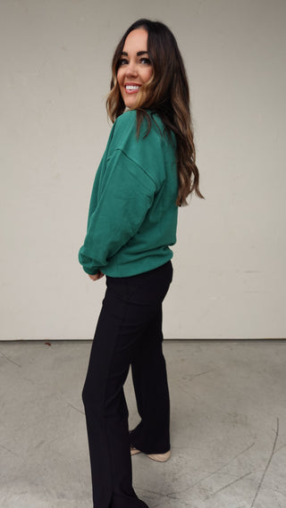 Side View of Green Embroidered Homebody Crewneck - COCO The Shop