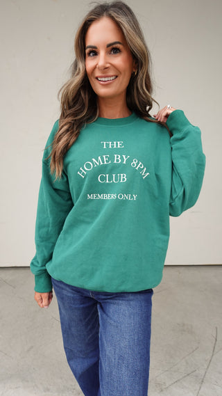 Close up of Green Embroidered Homebody Crewneck with jeans- COCO The Shop
