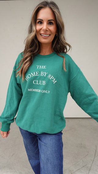 Front view of Green Embroidered Homebody Crewneck with jeans- COCO The Shop