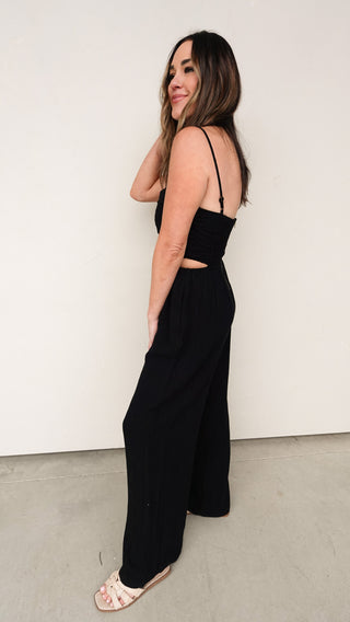 Black Linen Pleated Jumpsuit with Cutouts