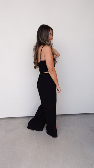 Black Linen Pleated Jumpsuit with Cutouts