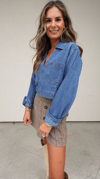 Denim Long Sleeve Cropped Top