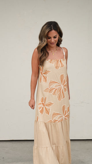 Camel Embroidered Floral Maxi Dress