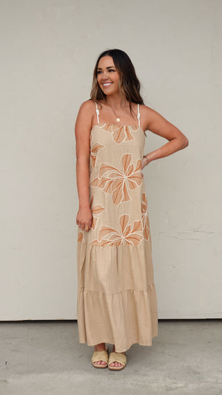 Camel Embroidered Floral Maxi Dress