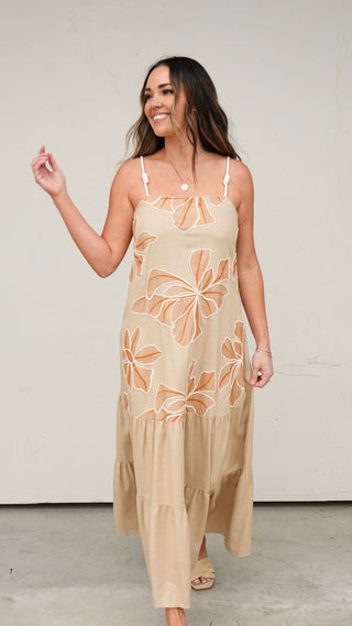Camel Embroidered Floral Maxi Dress