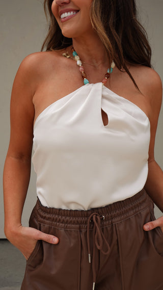 Ivory Satin Beaded Halter Top