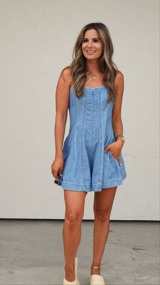 Paneled Denim Romper front view showing vertical panel seaming, women's romper from COCO The Shop Columbus Ohio