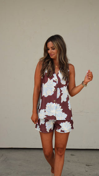 Shorts from the Brown Floral Print Vest And Shorts Set styled solo, women's boutique shorts from COCO The Shop Columbus Ohio