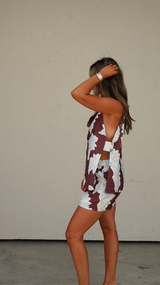 Back view of the Brown Floral Print Vest And Shorts Set, matching women's set from COCO The Shop Dublin Ohio boutique