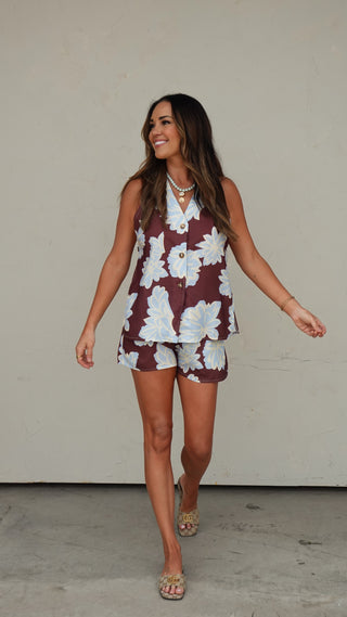 Brown Floral Print Vest And Shorts Set front view, elevated women's set from COCO The Shop Columbus Ohio