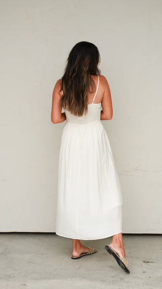 Full length shot of the Natural Smocked Midi Dress, women's boutique dress from COCO The Shop Columbus Ohio