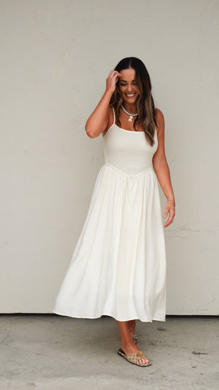 Natural Smocked Midi Dress back view, neutral-toned women's dress from COCO The Shop Dublin Ohio boutique