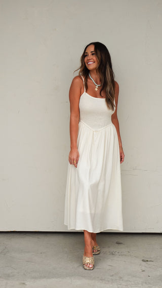 Detail shot of the Natural Smocked Midi Dress fabric, women's midi dress from COCO The Shop Columbus Ohio